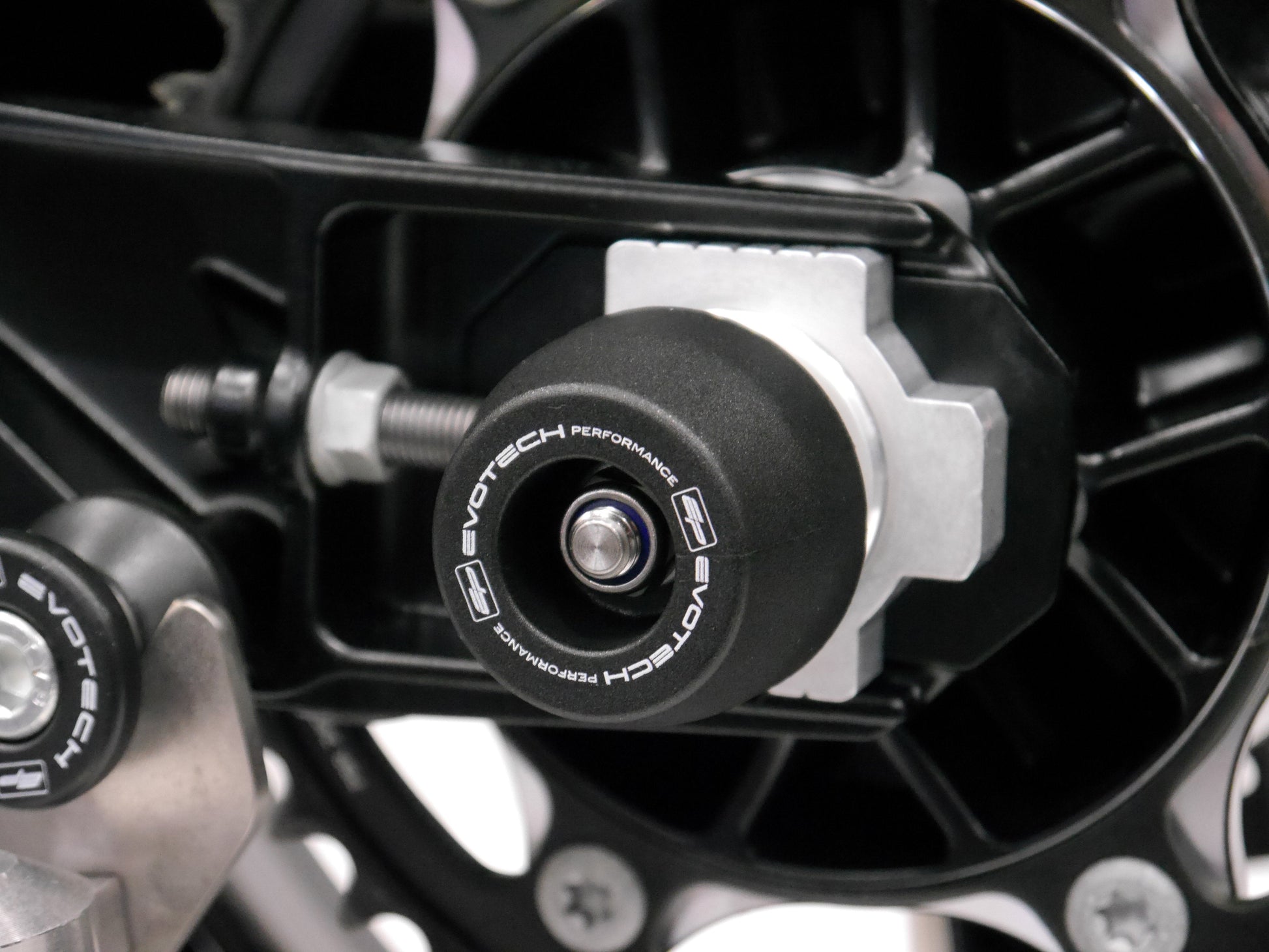 EP crash protection slider from EP Rear Spindle Bobbins attached onto the swingarm of the KTM 790 Adventure.