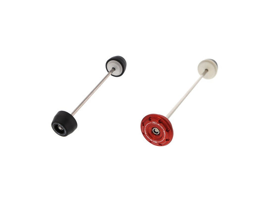 The full EP Spindle Bobbins Crash Protection Kit for the Ducati Diavel V4 includes a front wheel spindle rod with two bobbins (left) and a rear wheel spindle rod with a bobbin and red hub stop (right).