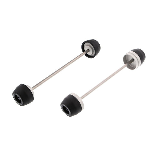 The EP Spindle Bobbins Crash Protection Kit for the Ducati DesertX Rally with front fork protection (left) rear swingarm protection (right); spindle bobbins fitted either side of a rolled-thread spindle rods.